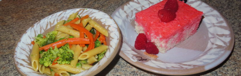 Pasta Primavera and Jello Poke Cake